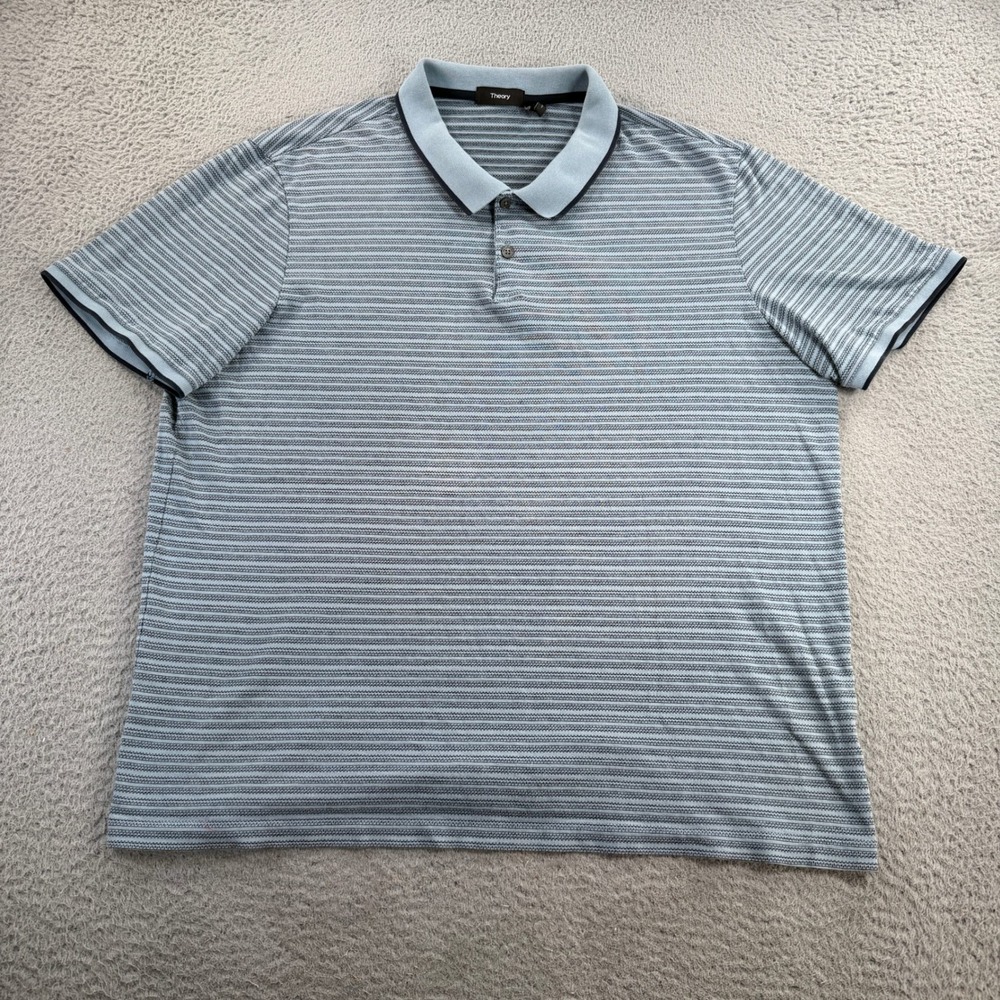 Theory Polo Shirt Mens 2XL Blue Grey Striped Short Sleeve Luxury Casual Preppy